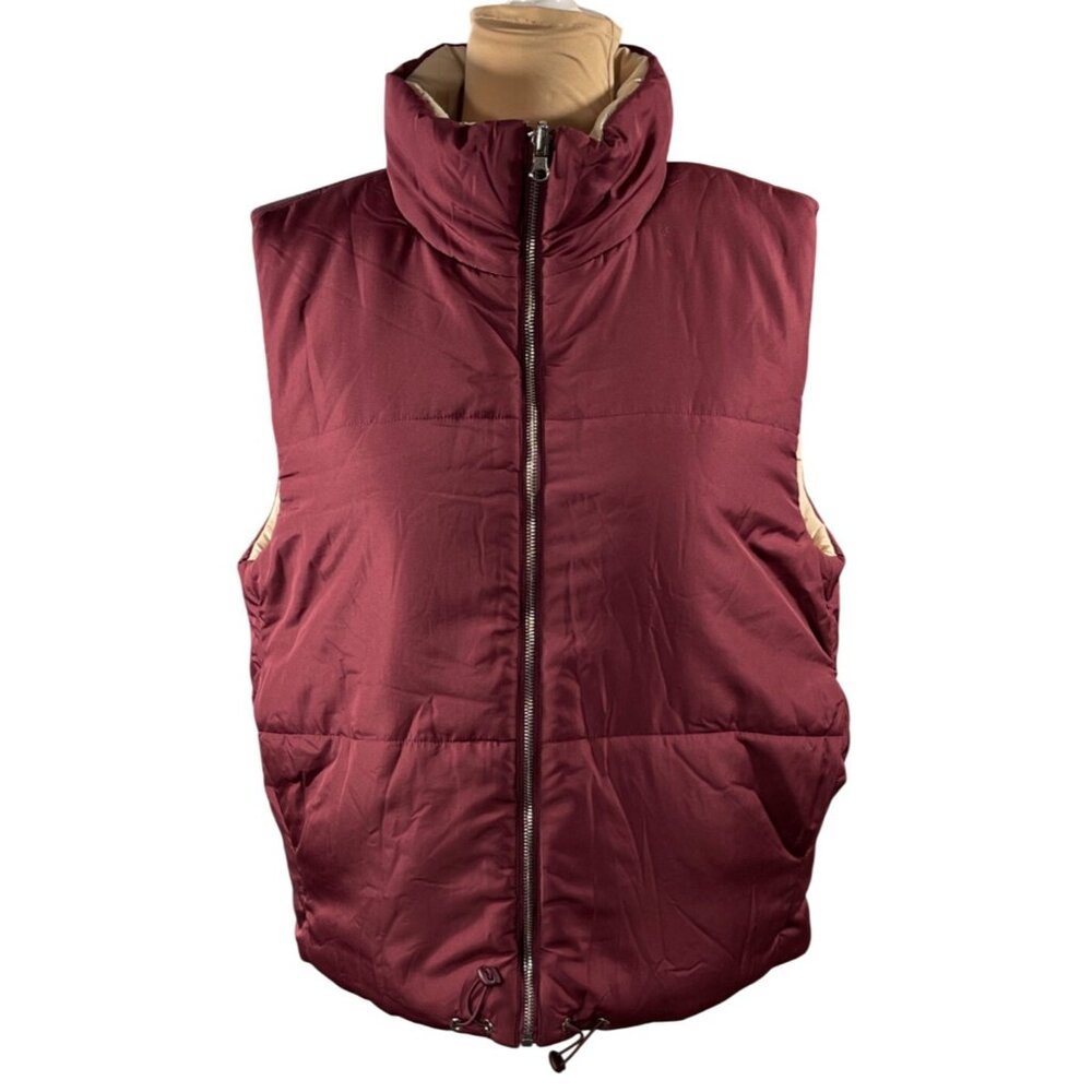 Staccato Reversible Puffer Vest Maroon Tan Women's Size L Large Mock Neck